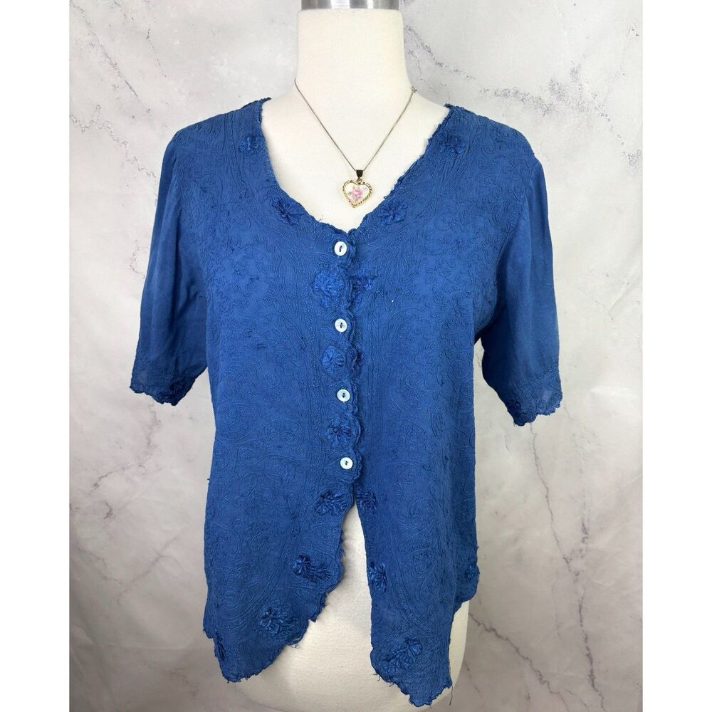 Vintage 90s Karavan Blue Blouse Top Embroidered Button Up L Cottagecore Boho